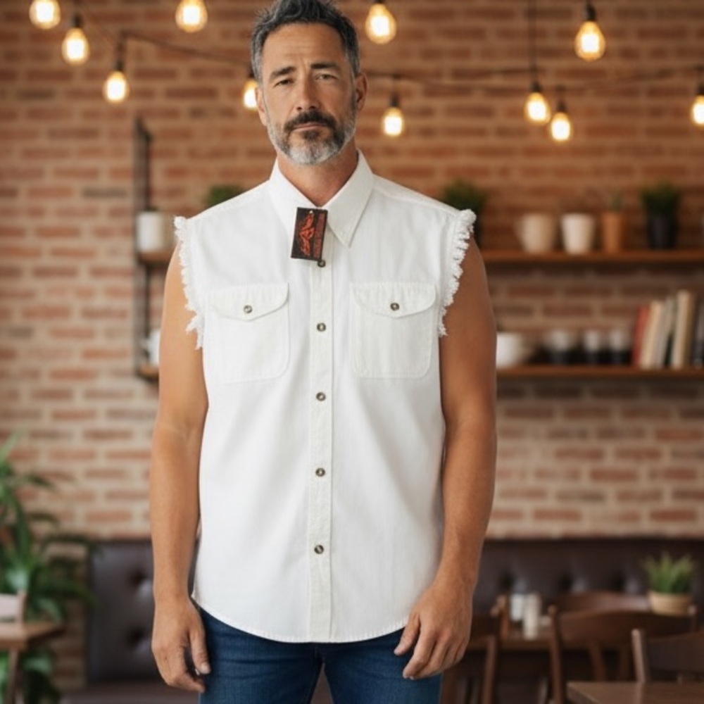 🆕 Milwaukee Leather DM4006 Men's  Denim  Shirt with Sleeveless Frayed M